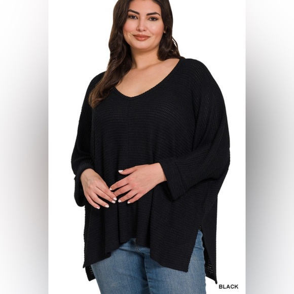 NWT ZENANA PLUS 3/4 SLEEVE V-NECK JACQUARD SWEATER - Picture 1 of 1